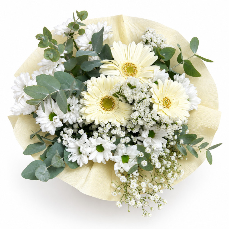 Ramo de Flores Blancas con Gerberas y Eucalipto