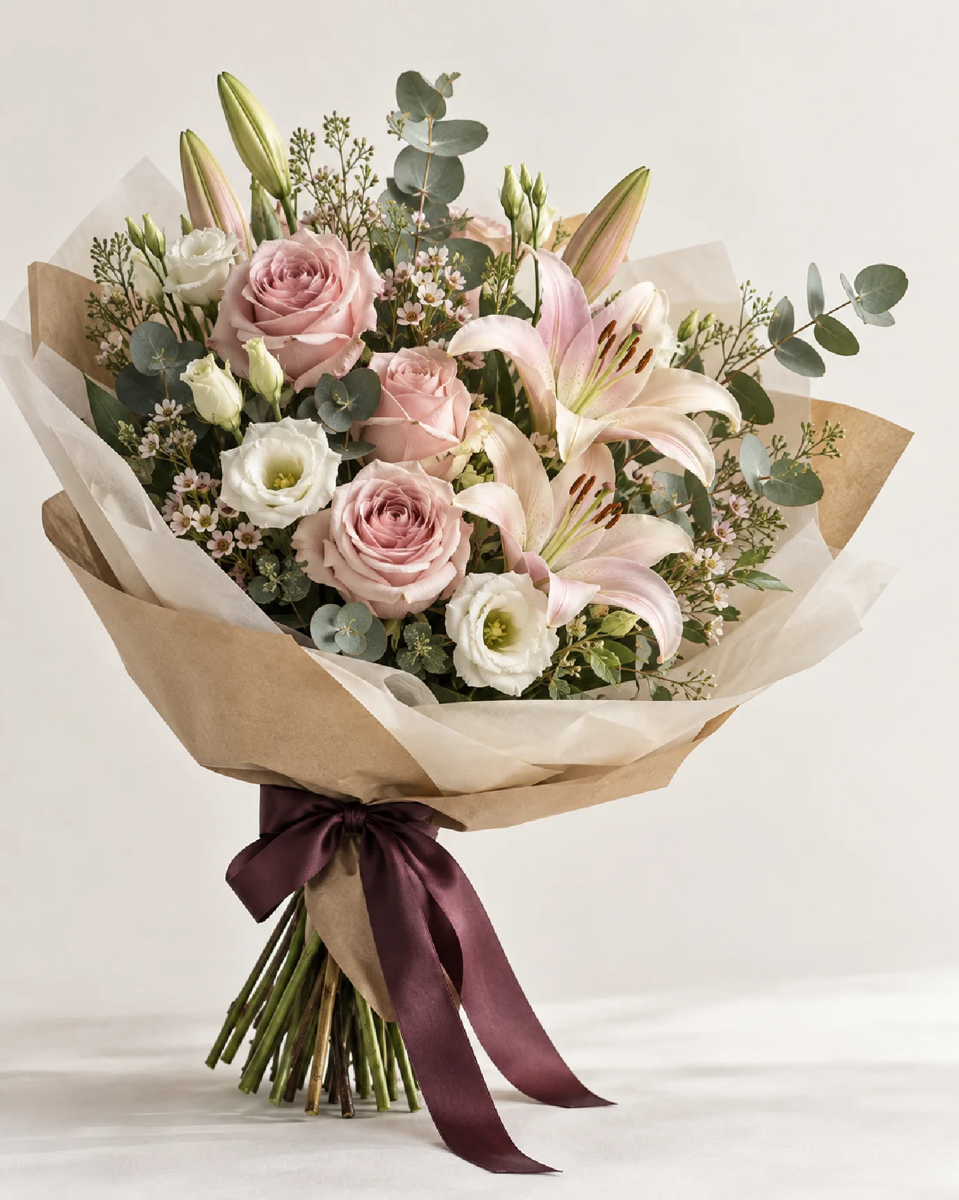 Ramo de rosas y lilium envuelto en papel kraft con lazo violeta